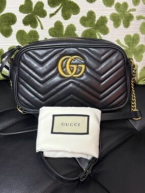 Gucci Black Chevron Leather GG Marmont Camera Bag with Gold Hardware